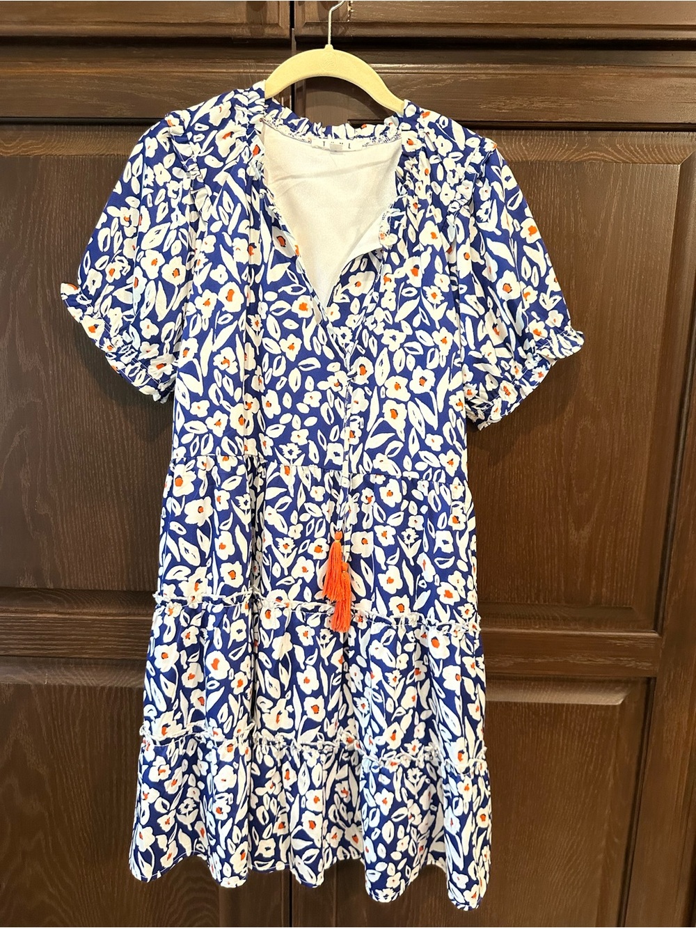 THML Blue Floral Tiered Dress with Orange Tassel Accent